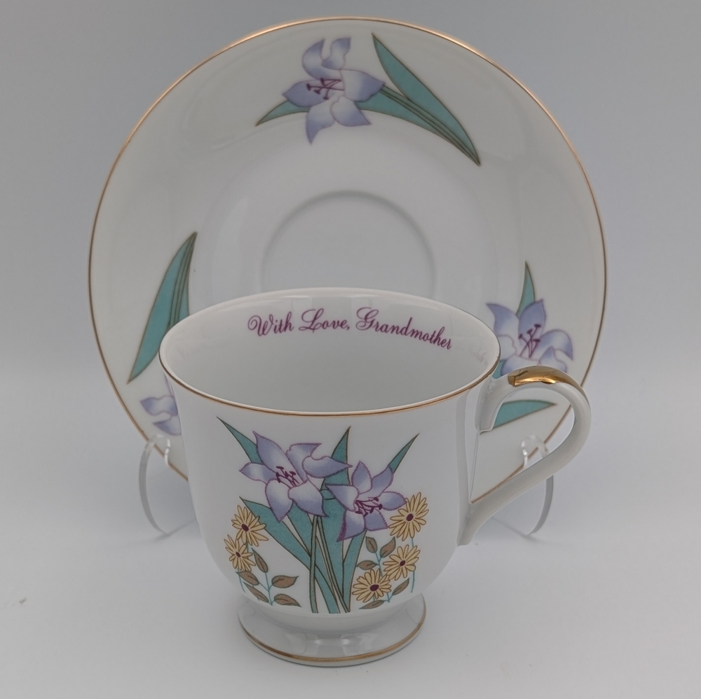Cup and Saucer Set Russ Berrie Iris Flower Floral With Love Grandmother Vintage